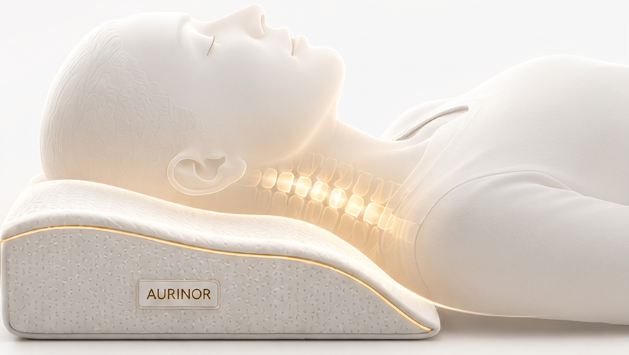 Person resting on an Aurinor pillow with neck support
