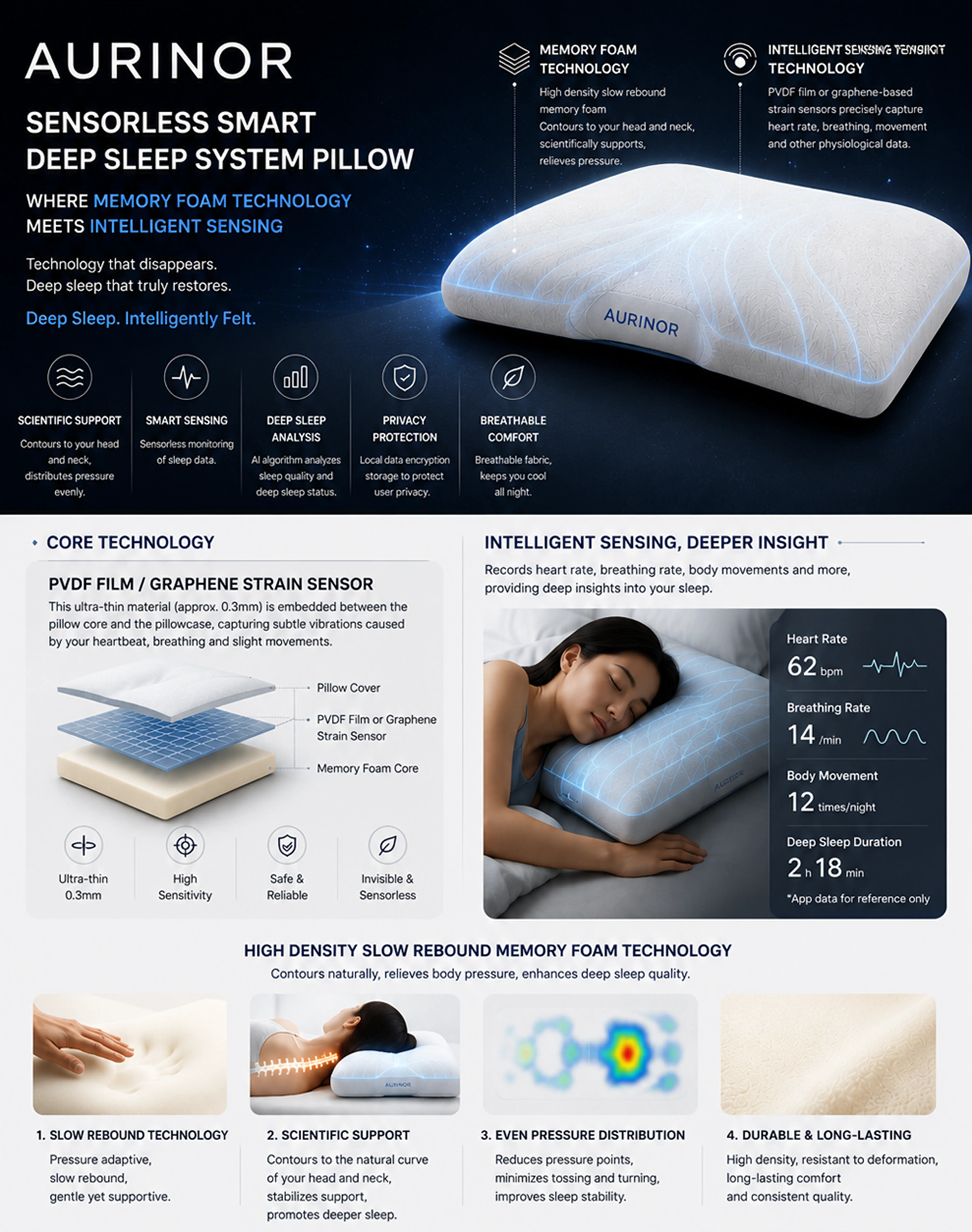 Aurinor sensorless smart deep sleep system pillow technology overview